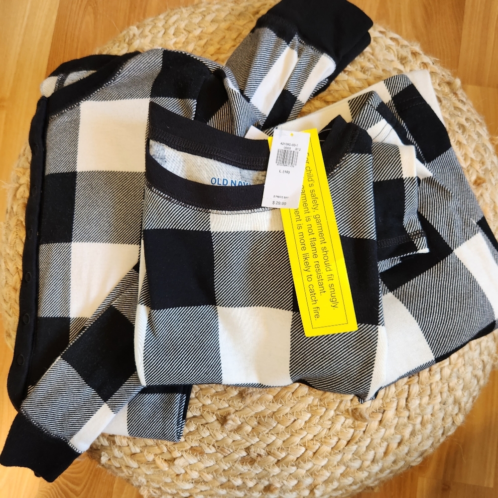 2 Old Navy Black Buffalo Plaid Pj's. Unisex Size 10. One NWT. One Worn few times